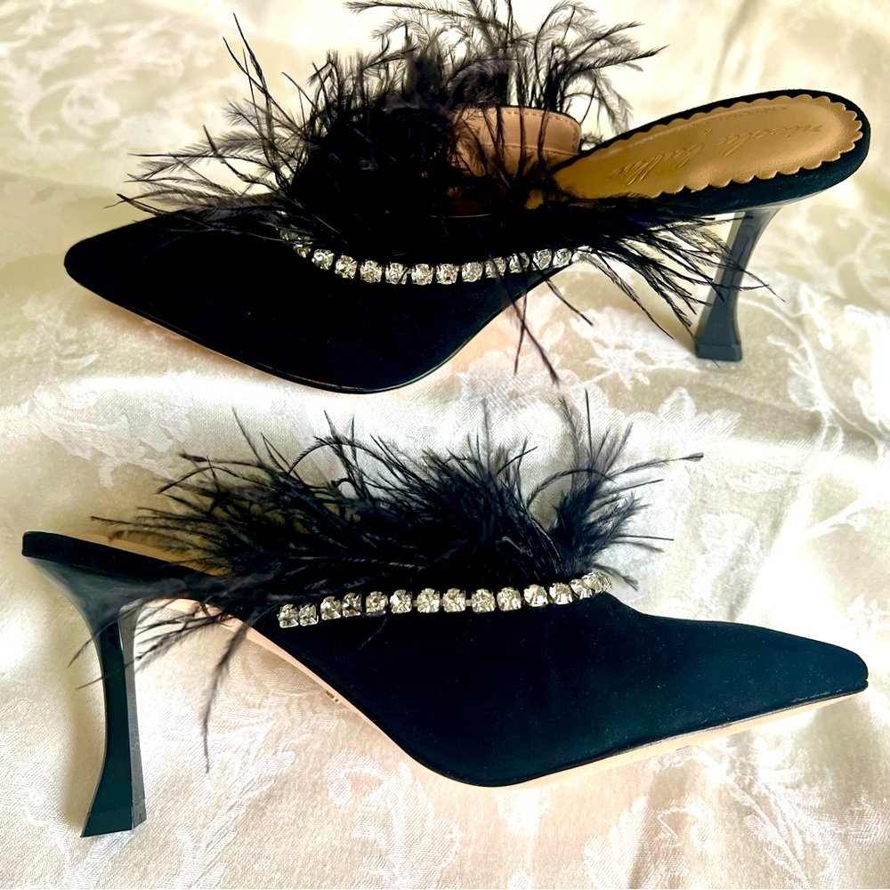 Antonio Melani black suede jeweled mules with feathers Size 6.5M